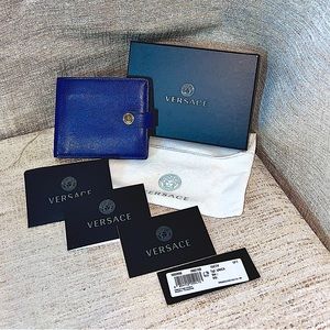 Versace Men's Royal Blue 100% Leather & Gold Medusa Bifold Wallet